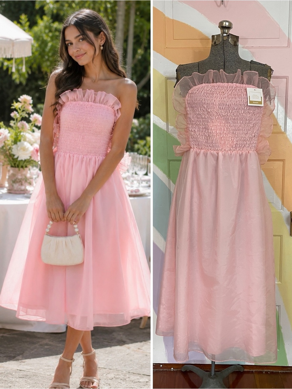 NWT Dondolo Ravello Pink Organza
Smocked Ruffle Romantic Midi Dress Sz L 🧡🎀